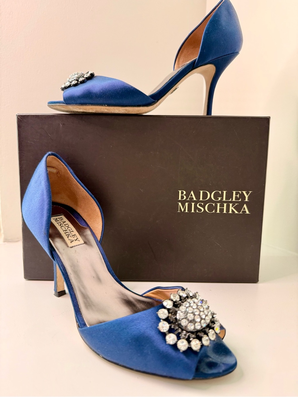 Badgley Mischka Women's Blue Satin Jewel Peep-Toe Pumps